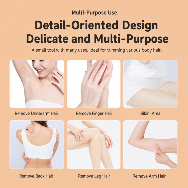 Eyebrow razor shown across six use panels for trimming underarm, finger, bikini, back, leg, arm.