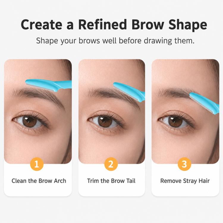 Three close-up steps using a blue eyebrow razor to clean, trim, then remove stray brow hair.