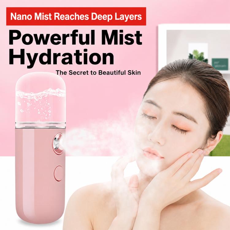 Pink portable facial mist sprayer with spray nozzle and translucent top
