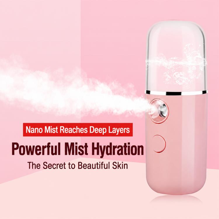Pink portable facial mist sprayer with translucent head and mist effect