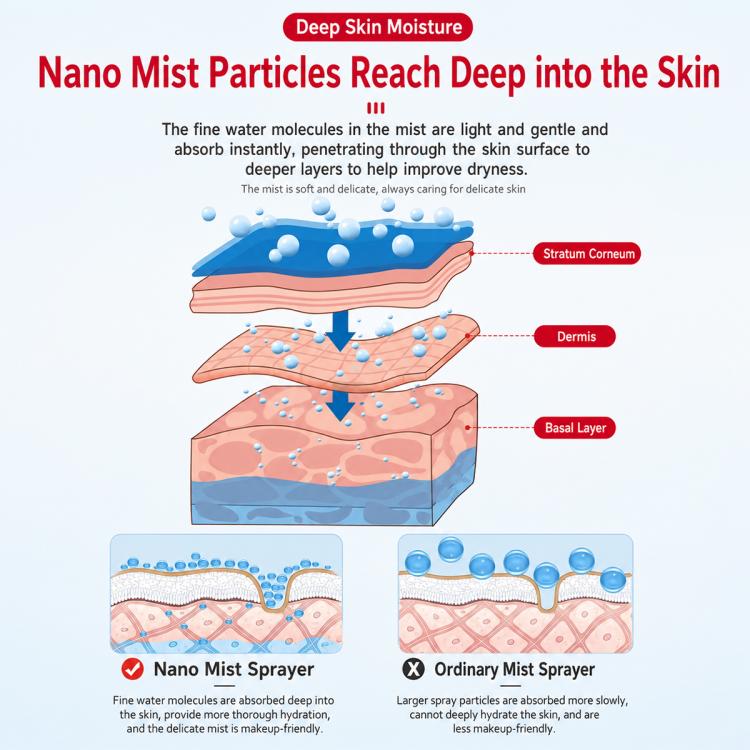 Facial nano mist sprayer concept graphic showing skin layer penetration