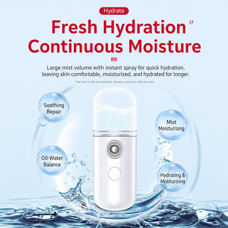 Portable facial mist sprayer with water drop splash and device center view