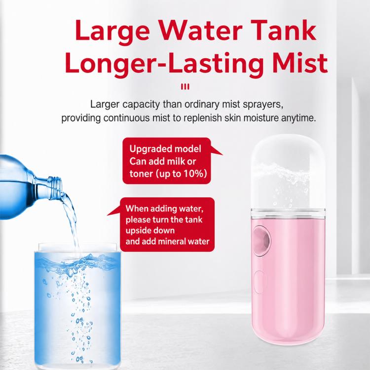 Pink portable facial mist sprayer with large water tank capacity graphic