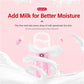 Pink facial mist sprayer with milk drop hydration concept graphic