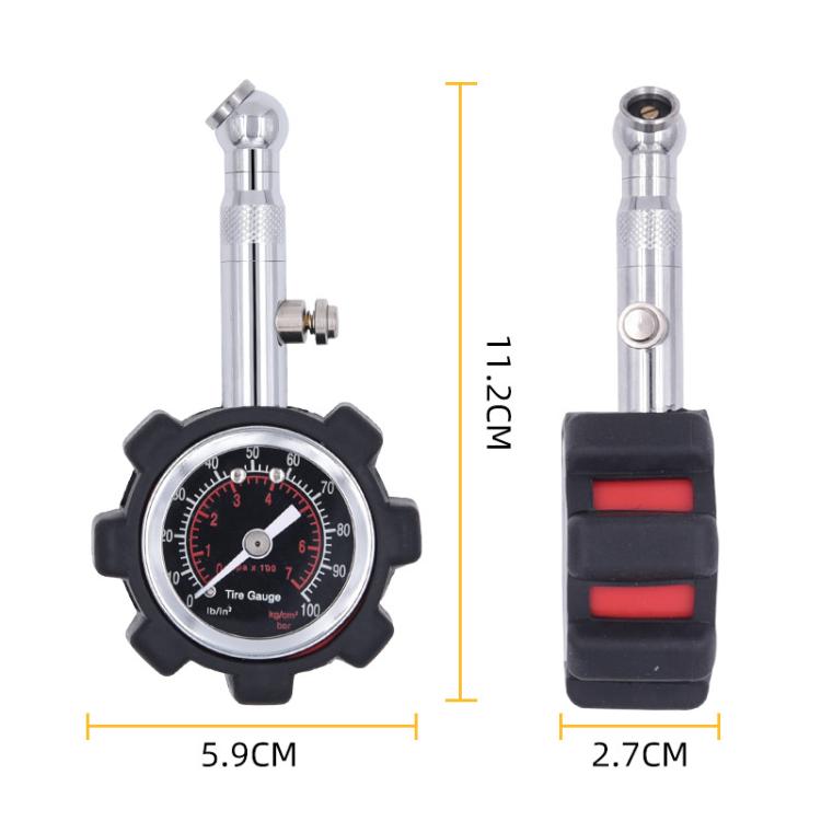 Compact tire pressure gauge with black rubber housing, metal stem, and red dial face