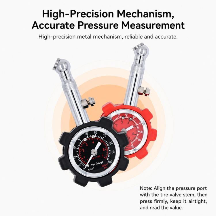 Tire pressure gauge with red and black dial covers and two chrome metal stems