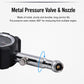 Tire pressure gauge with metal nozzle and connector, showing end valve attachment