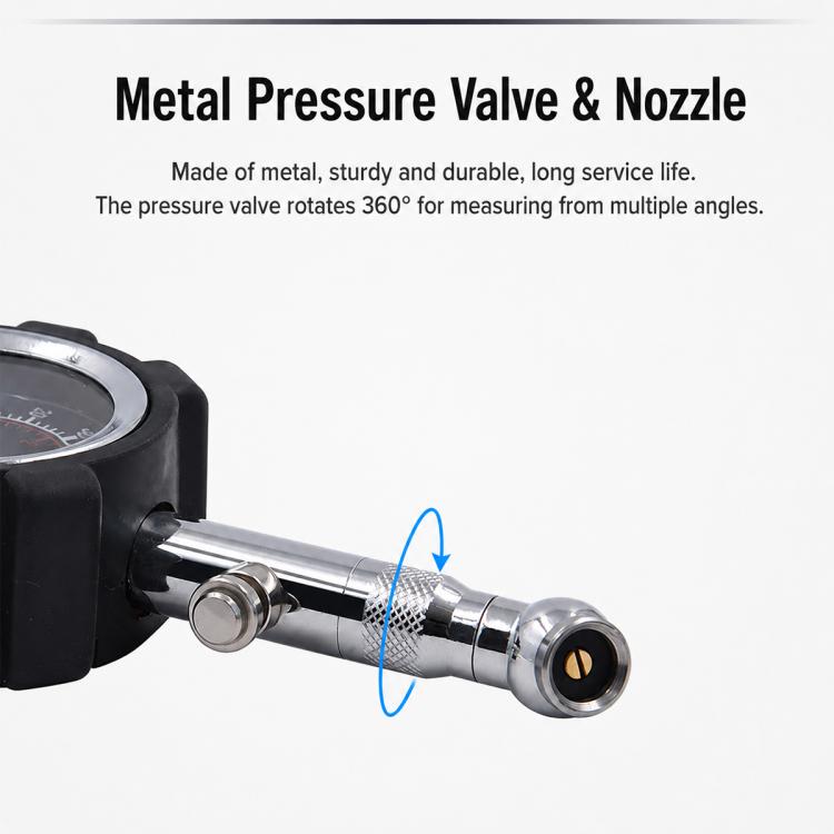 Tire pressure gauge with metal nozzle and connector, showing end valve attachment