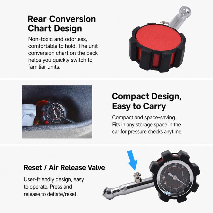Tire pressure gauge with black dial housing and red top cap, compact carry design
