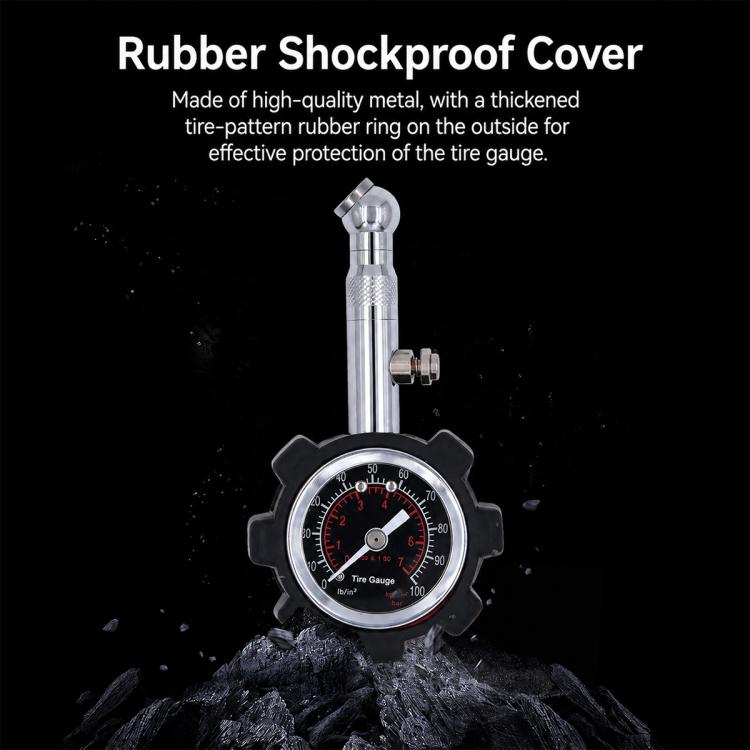 Tire pressure gauge with shockproof black rubber cover and chrome valve stem