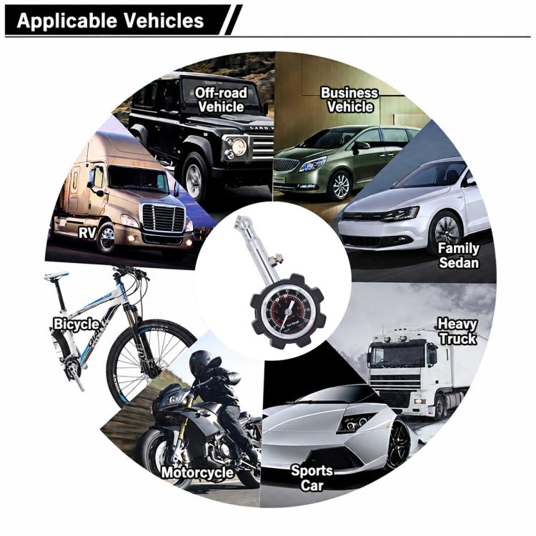 Tire pressure gauge with black rubber housing and red dial, shown with vehicle compatibility icons