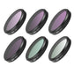 Quick-release camera lens filter set showing multiple dark rings with purple, teal, and clear glass