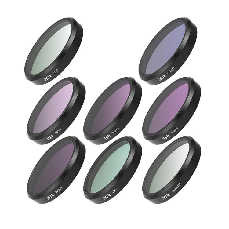 Quick-release camera lens filter set with clear, purple, and teal tinted round filter glass