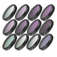 Quick-release camera lens filter set with mixed clear, purple, and teal tinted filters