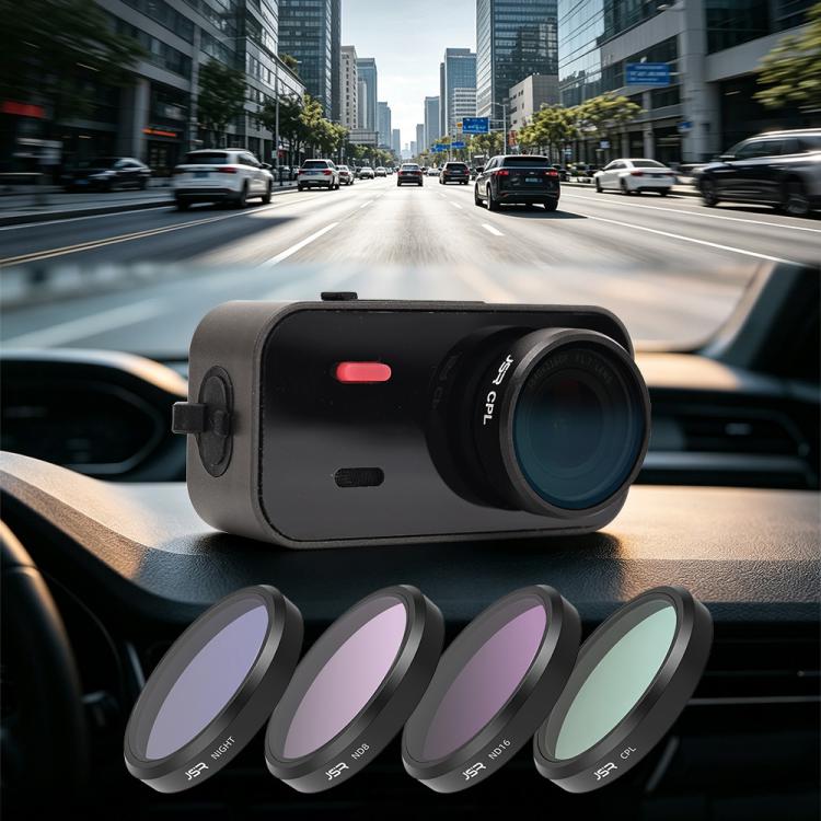 Camera with dark lens filter discs, including round teal and purple tinted filter rings