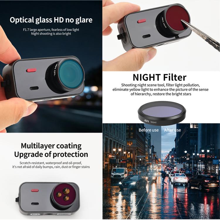 Night filter camera kit with dark lens filter ring and hands showing the installed filter