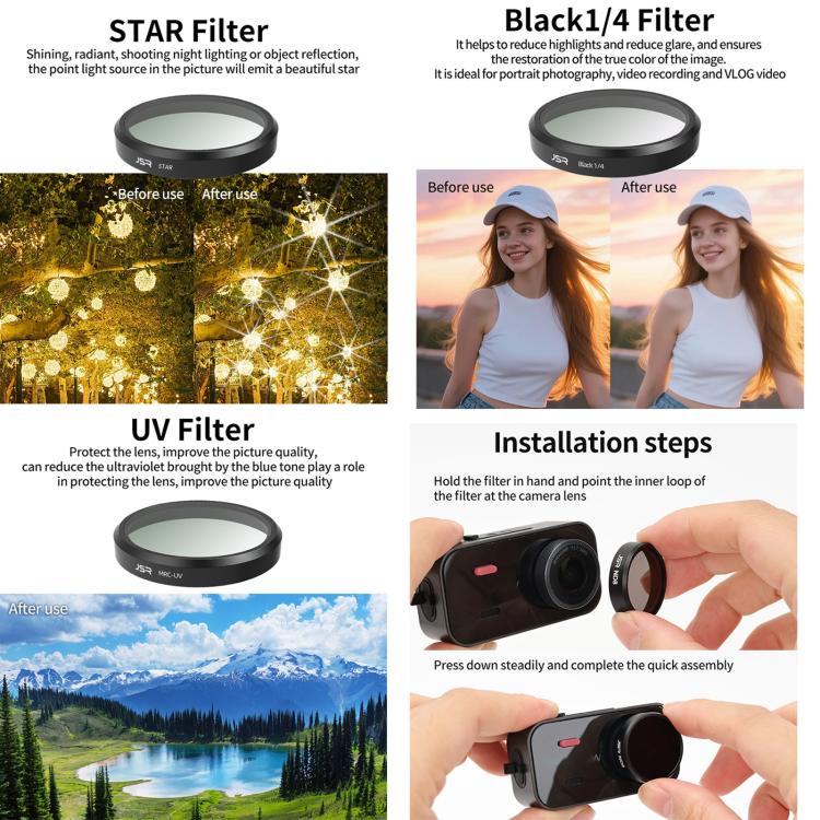 Mixed lens filter set with star, UV, and black mist style round filter rings