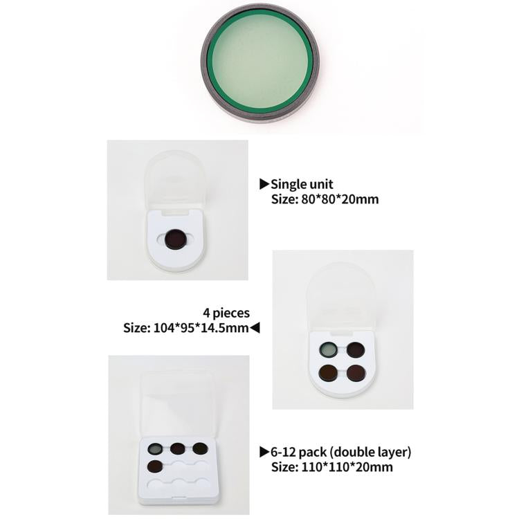 Lens filter pack with 4 round filter rings and a clear plastic case holding multiple slots