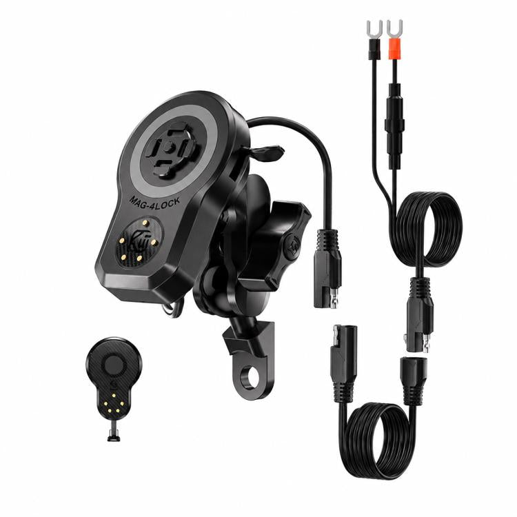 Motorcycle magnetic phone charger mount with two mounting plates and cable adapters