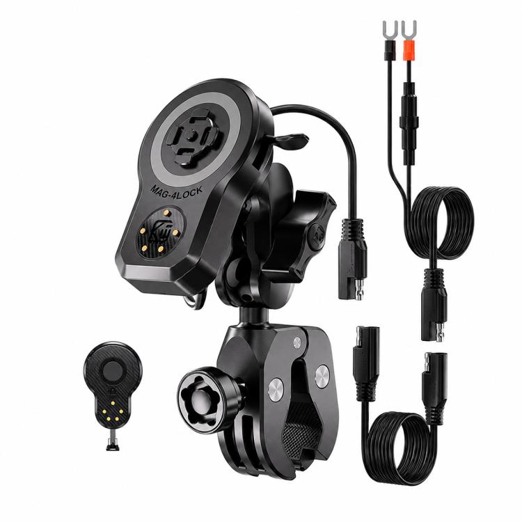 Motorcycle magnetic phone charger mount with metal base plate and charging adapters