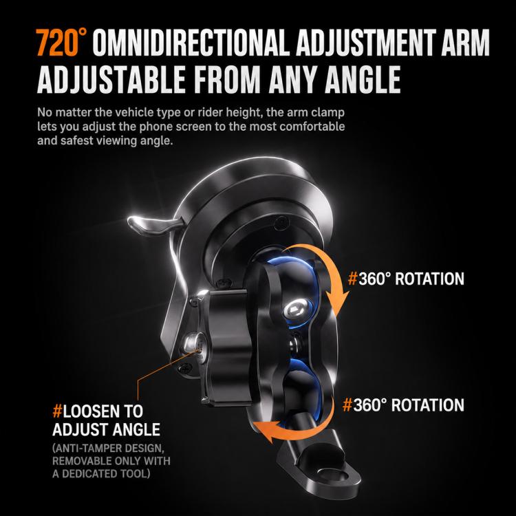 Adjustable motorcycle magnetic phone mount arm with rotating clamp mechanism