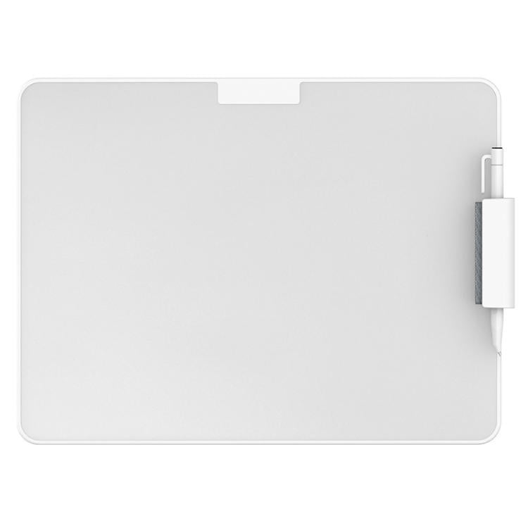 Magnetic whiteboard with clipped magnetic stylus on the right edge