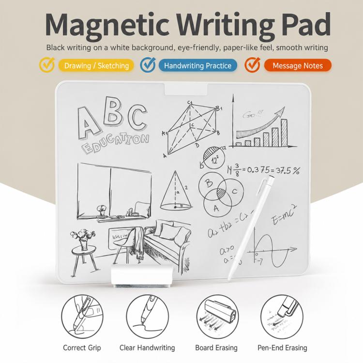 Magnetic whiteboard writing pad with example sketches and diagrams on surface