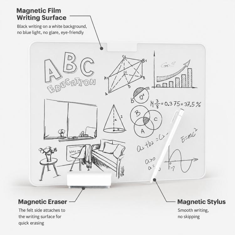 Magnetic whiteboard with educational doodles and attached magnetic stylus