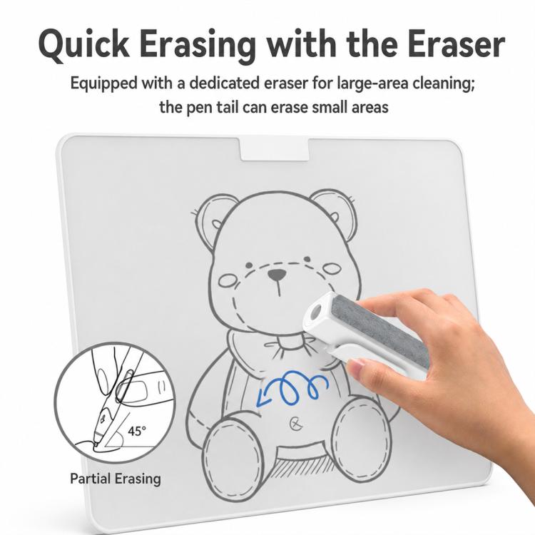 Magnetic whiteboard with bear drawing being erased using the built-in eraser