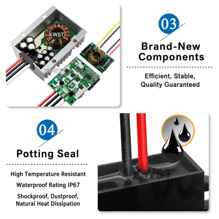 Car DC power module with circuit board and connector wires in a compact housing