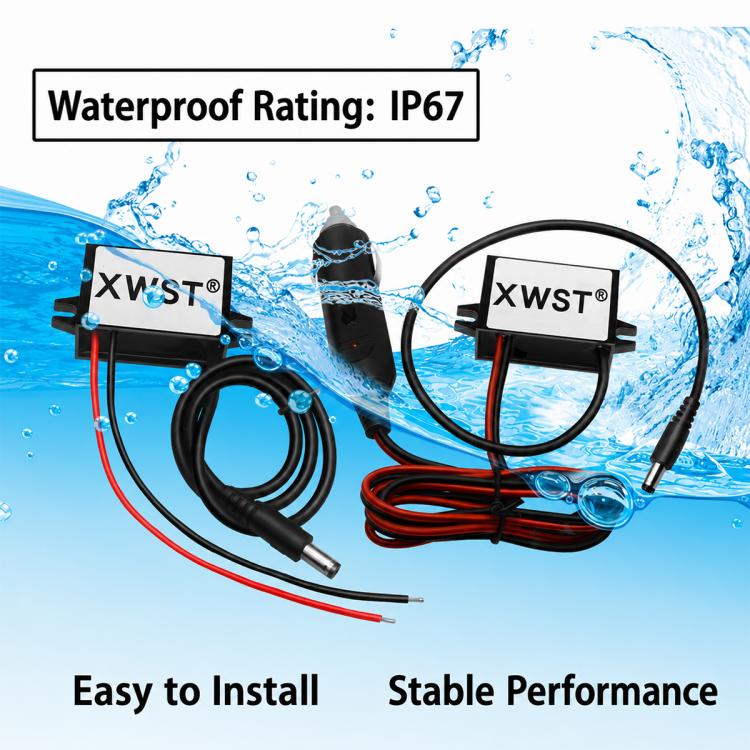Car DC power module kit with IP67 waterproof-rated box and attached cables