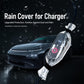 Transparent waterproof cover wrapped over a charger on a car, protecting against rain