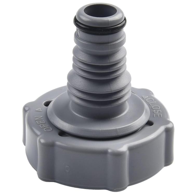 Dark gray pool hose adapter with ribbed hose connector and circular opening base
