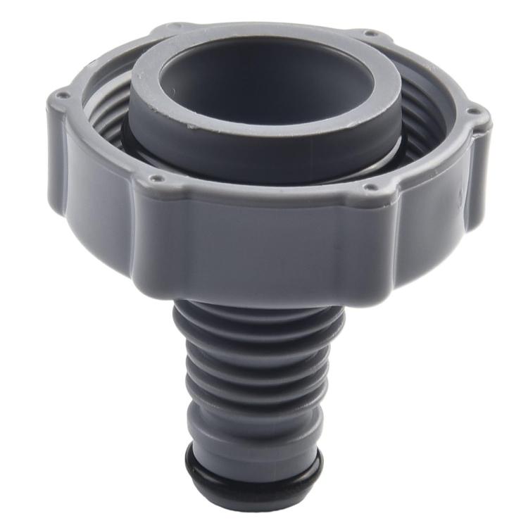 Gray pool hose adapter angled view with ribbed hose end and circular connector inlet