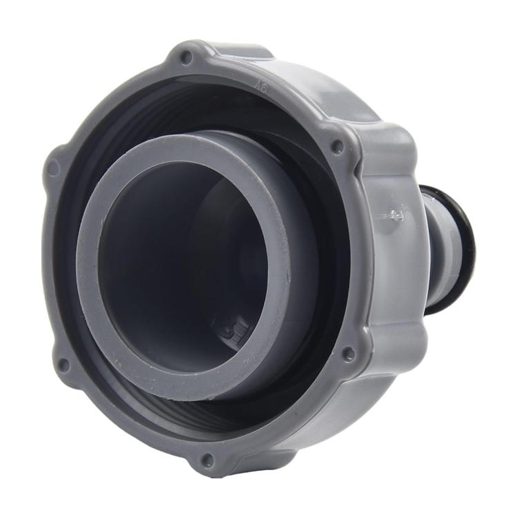 Gray pool hose adapter with large circular inlet and mounting tabs, ribbed hose end