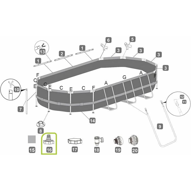 Pool hose adapter parts diagram with numbered components and hose connection points