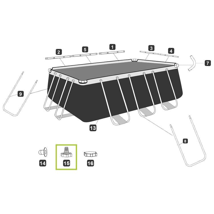 Pool hose adapter schematic showing hose lines and attachment clips with numbered parts