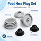 Pool hole plug kit with gray vented plugs, threaded connection, and black sealing caps