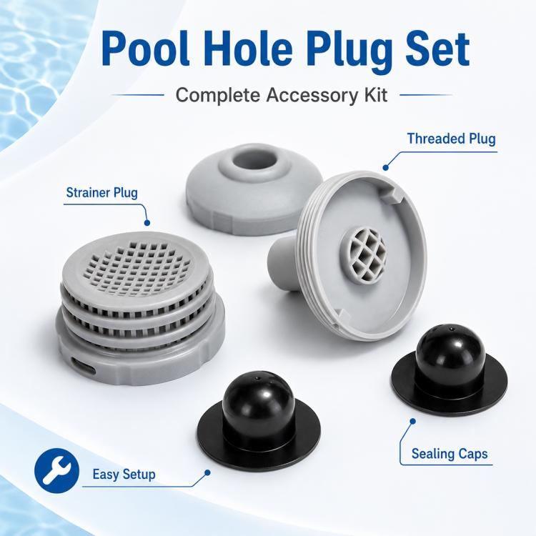 Pool hole plug kit with gray vented plugs, threaded connection, and black sealing caps