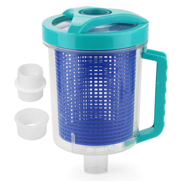 Pool leaf canister with teal lid, blue mesh cylinder, clear base and handle