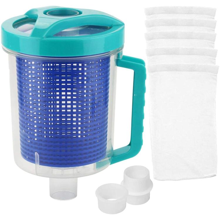 Pool leaf canister with blue mesh basket, teal handle, plus white filter bags