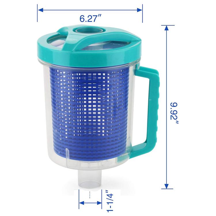 Pool leaf canister with teal handle and blue mesh drum, shown with side outlet