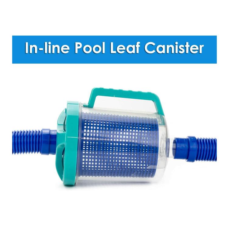 In-line pool leaf canister with blue hose fittings on both ends