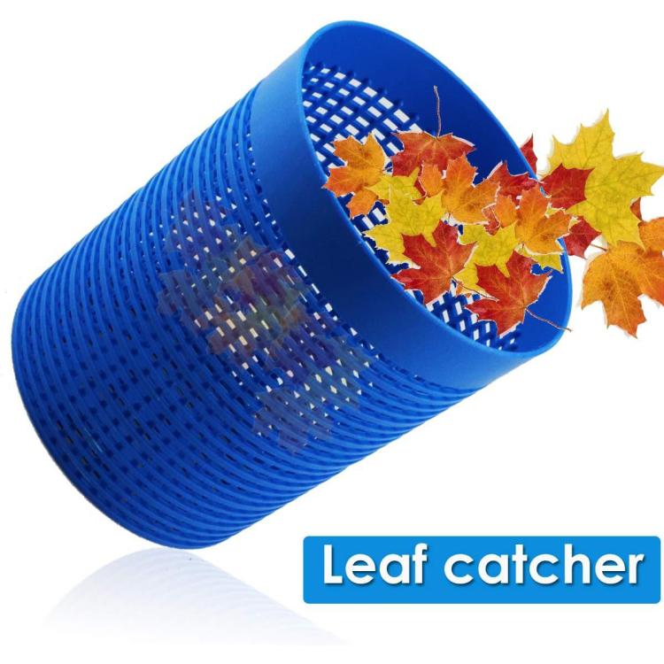 Blue pool leaf catcher with curved funnel holding autumn leaves