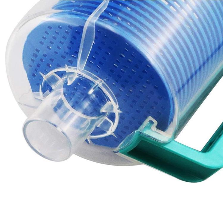 Pool leaf canister close-up with clear housing, blue mesh drum and teal handle