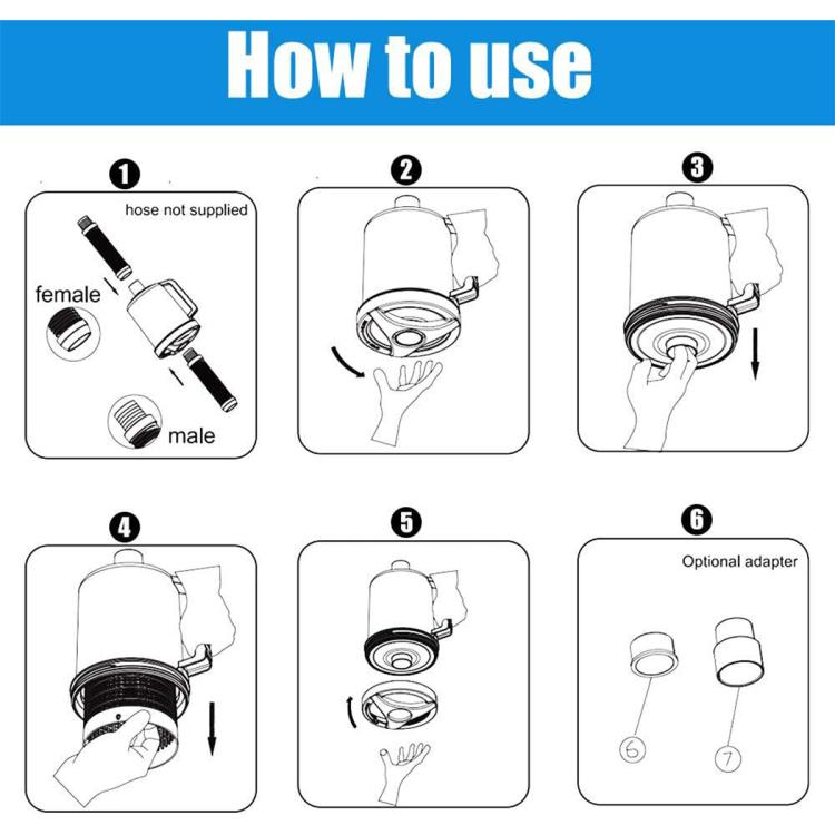 Instruction graphic showing installation steps for an in-line pool leaf canister