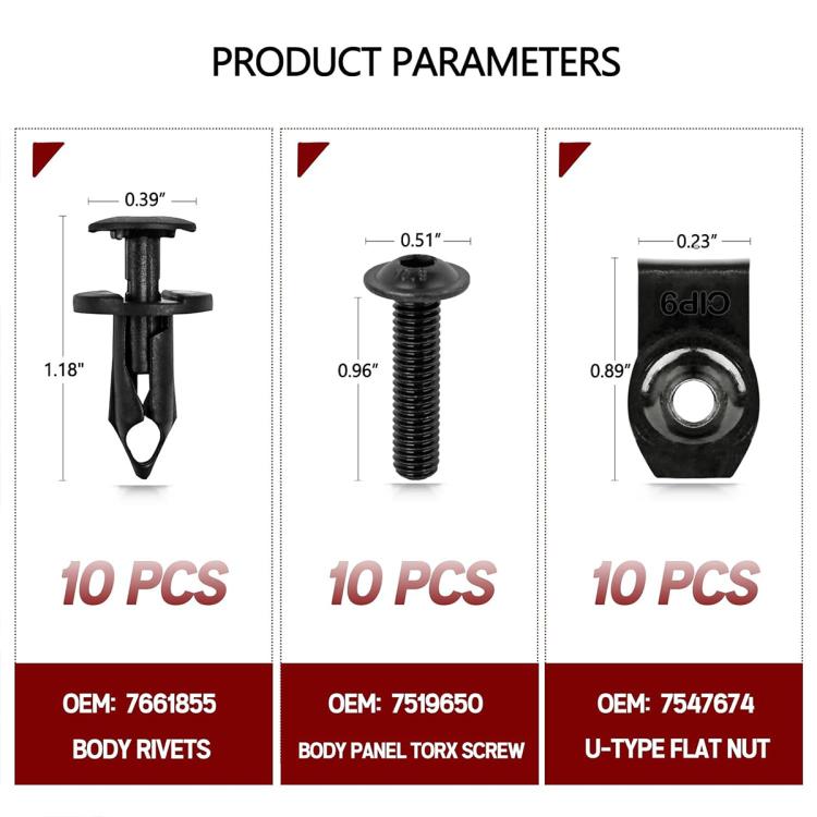 10 PCS/Set U-shaped Flat Clip Nut Fastener Rivet Clips Car Body Panel Torx Screws