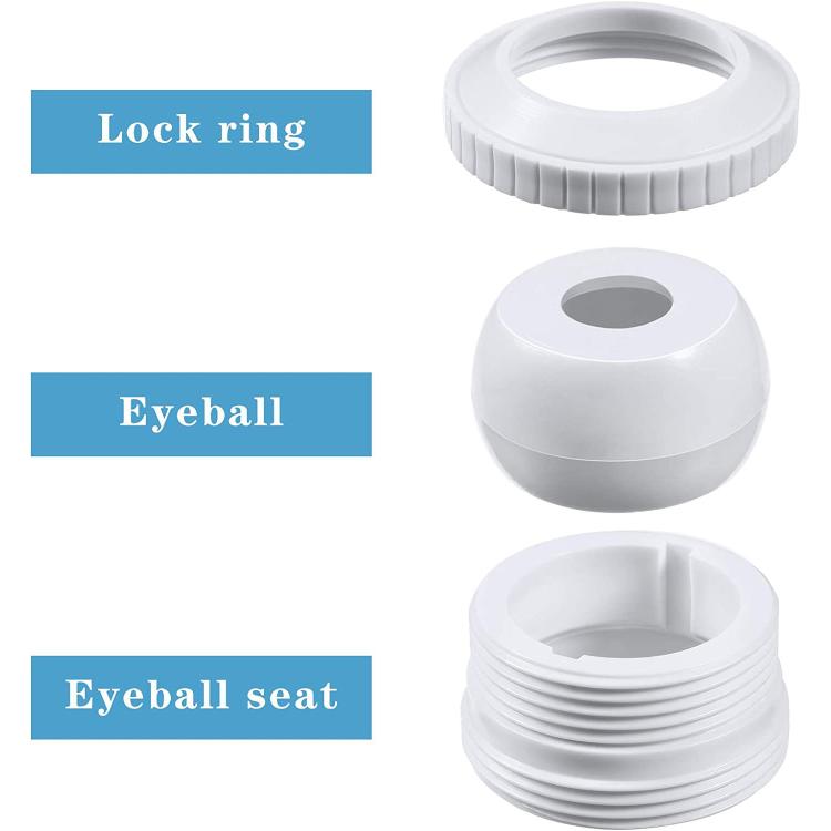 Pool massage eye jet head parts: lock ring, eyeball, and eyeball seat in white