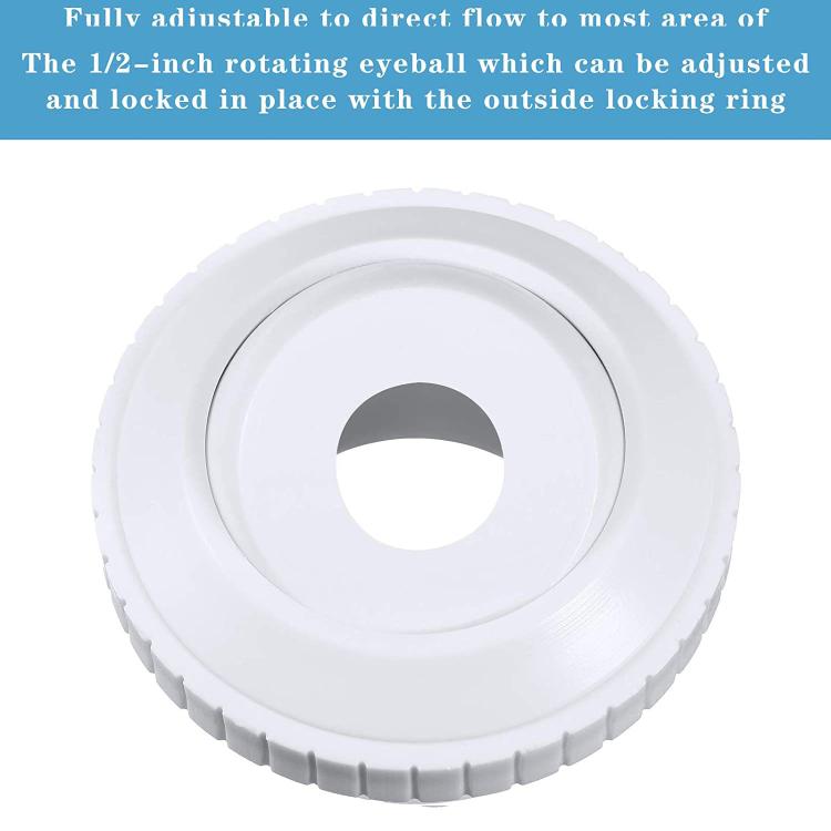 Pool massage eye jet head, front view with white faceplate and gray center opening