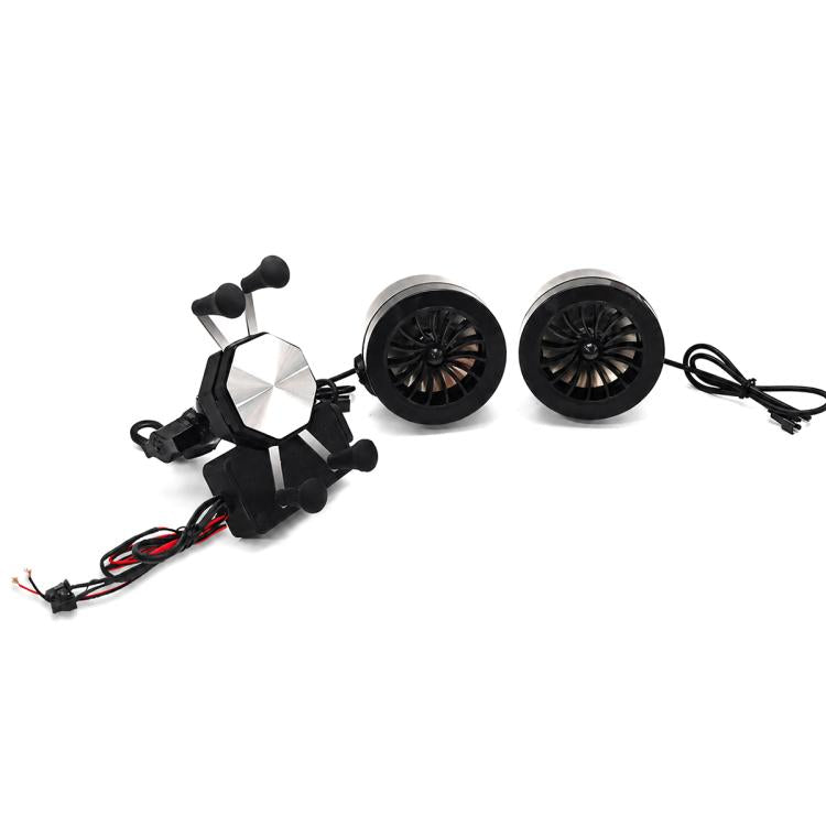 Motorcycle phone mount speaker with two horn-style speakers and rearview mirror clamp